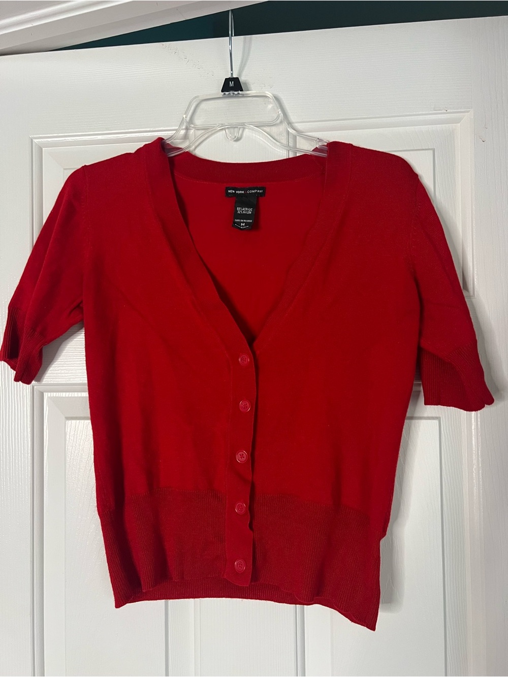 New York & Company Red Short Sleeve Cardigan Sweater Size M